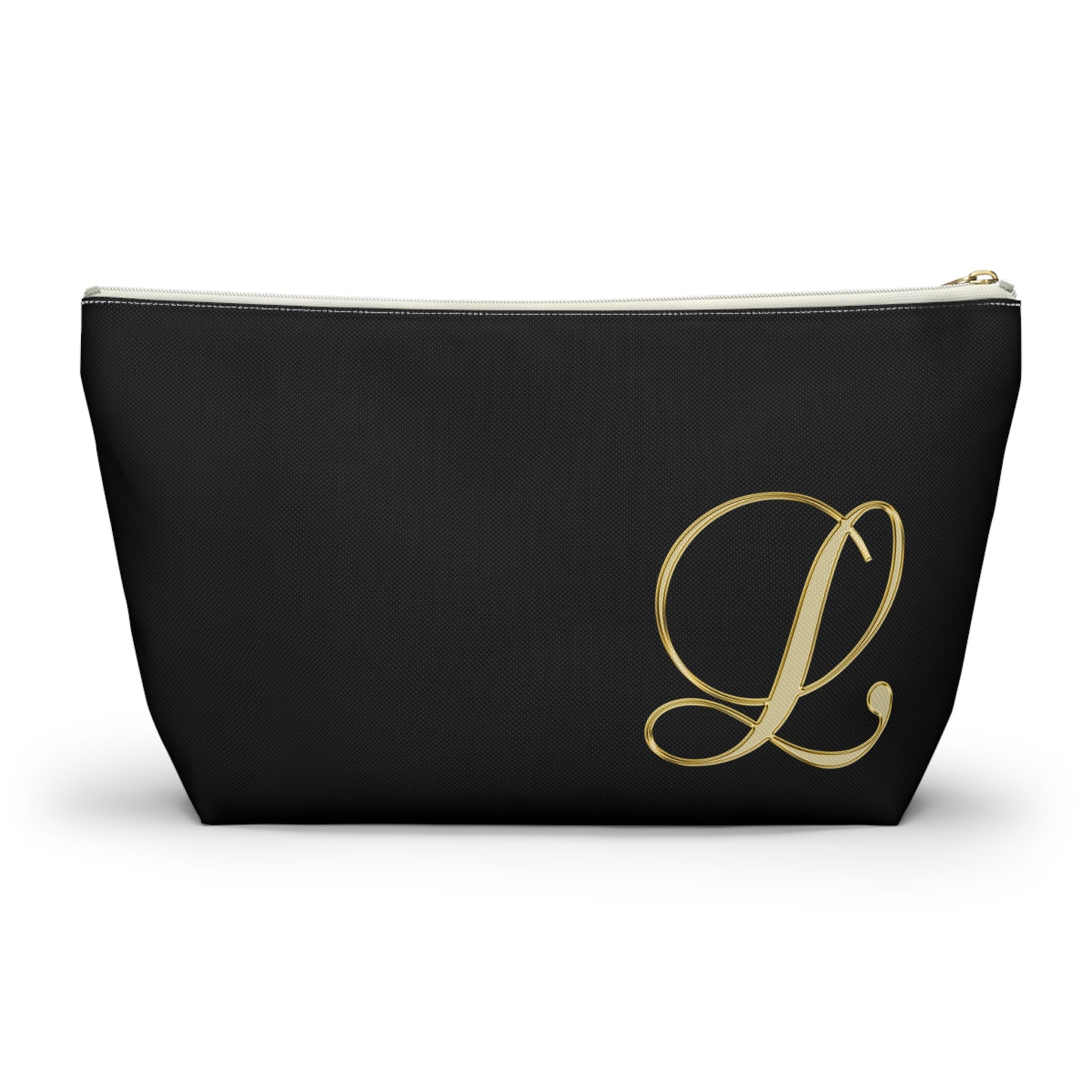 Monogram L Accessory Pouch — Black & Gold T‑Bottom Makeup Bag