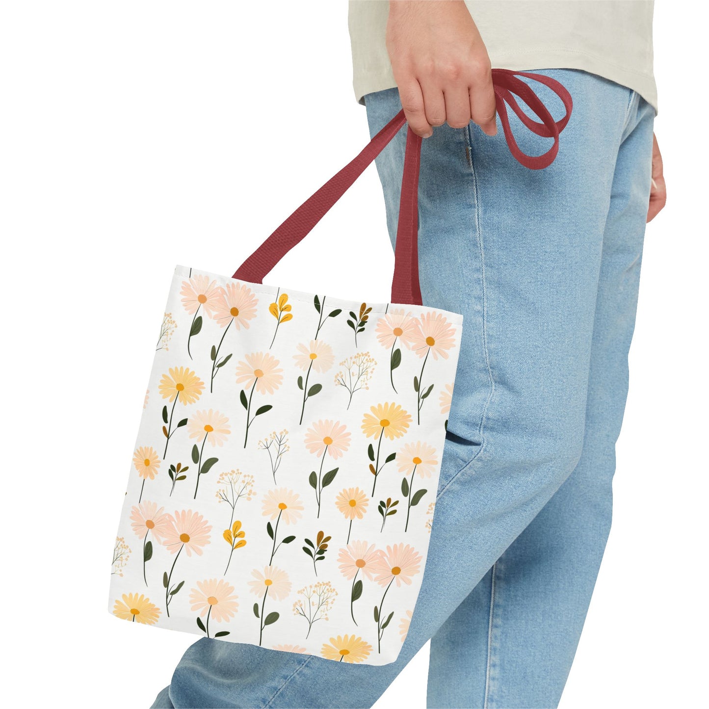 Floral Daisy Pattern Tote Bag — Pastel Spring Flowers All-Over Print