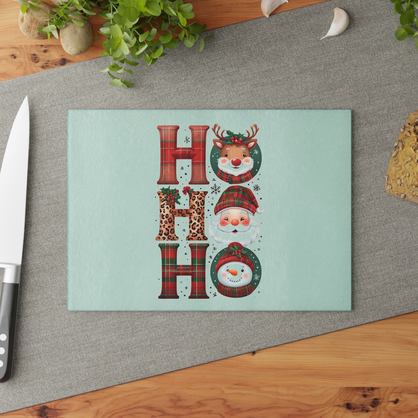 Festive Glass Cutting Board with 'HO HO HO' Design, Holiday Gift, Kitchen Decor, Seasonal Cooking, Christmas Party