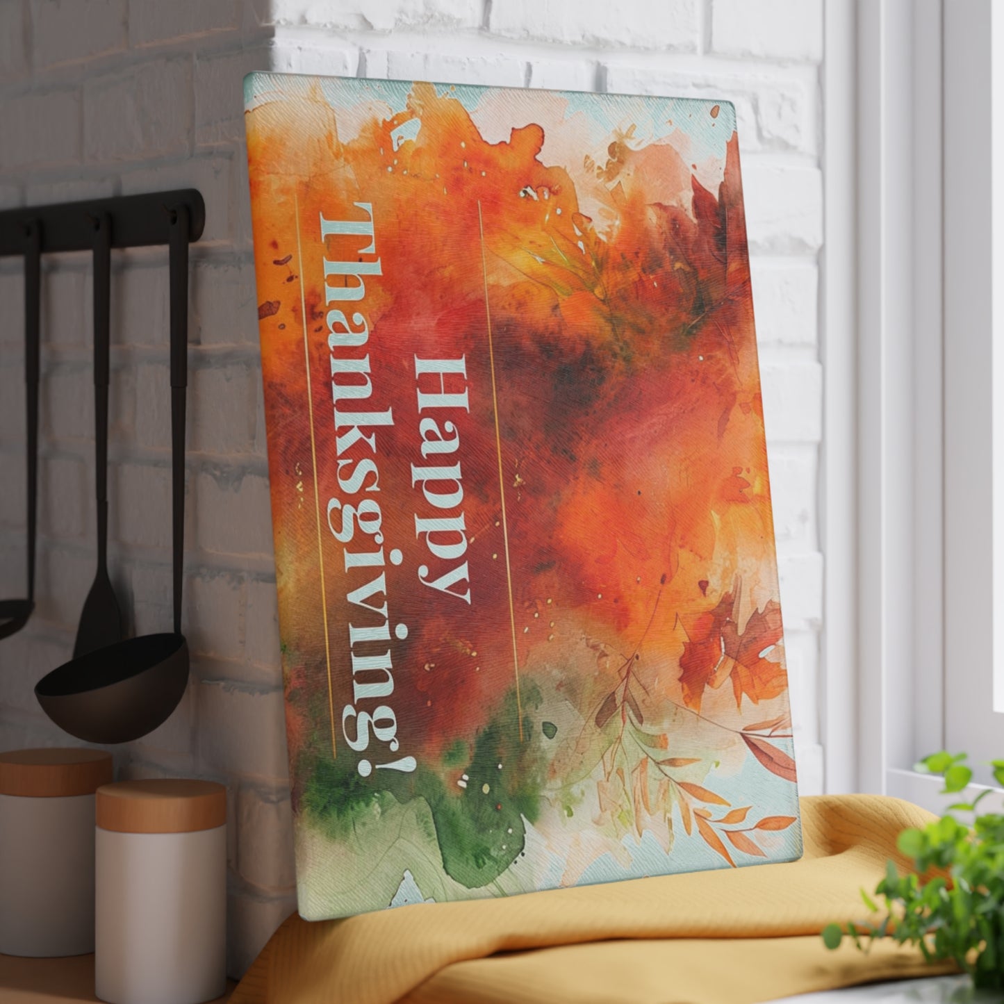 Thanksgiving Glass Cutting Board with Vibrant Autumn Design