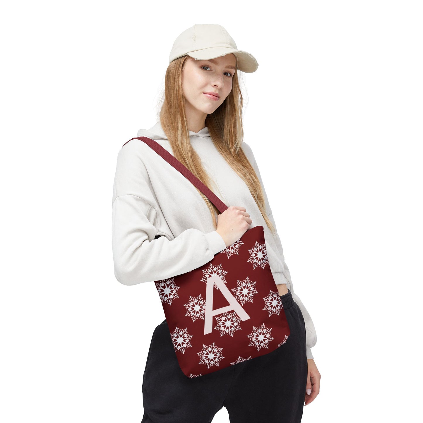 Monogram A Snowflake Tote Bag — Personalized Holiday AOP Tote