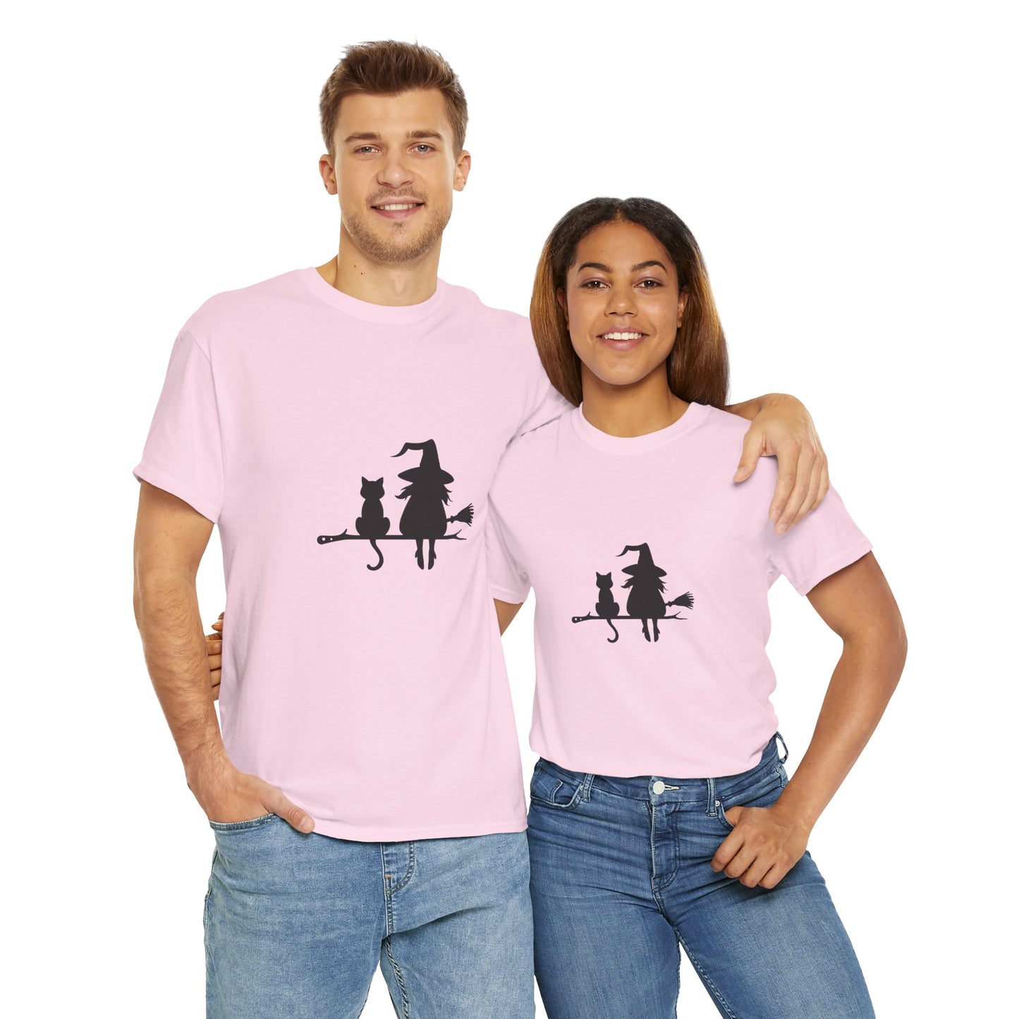 Witch and Cat Tee | Spooky Unisex Shirt for Halloween | Cute Witchwear for Cat Lovers | Fall Wardrobe Essential | Gift for Magical Friends