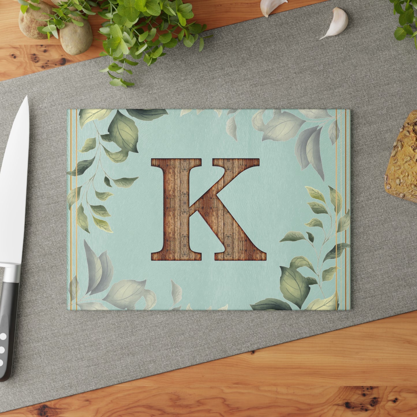 Monogram K Glass Cutting Board – Floral Leaf Kitchen Decor, Personalized Initial Serving Board