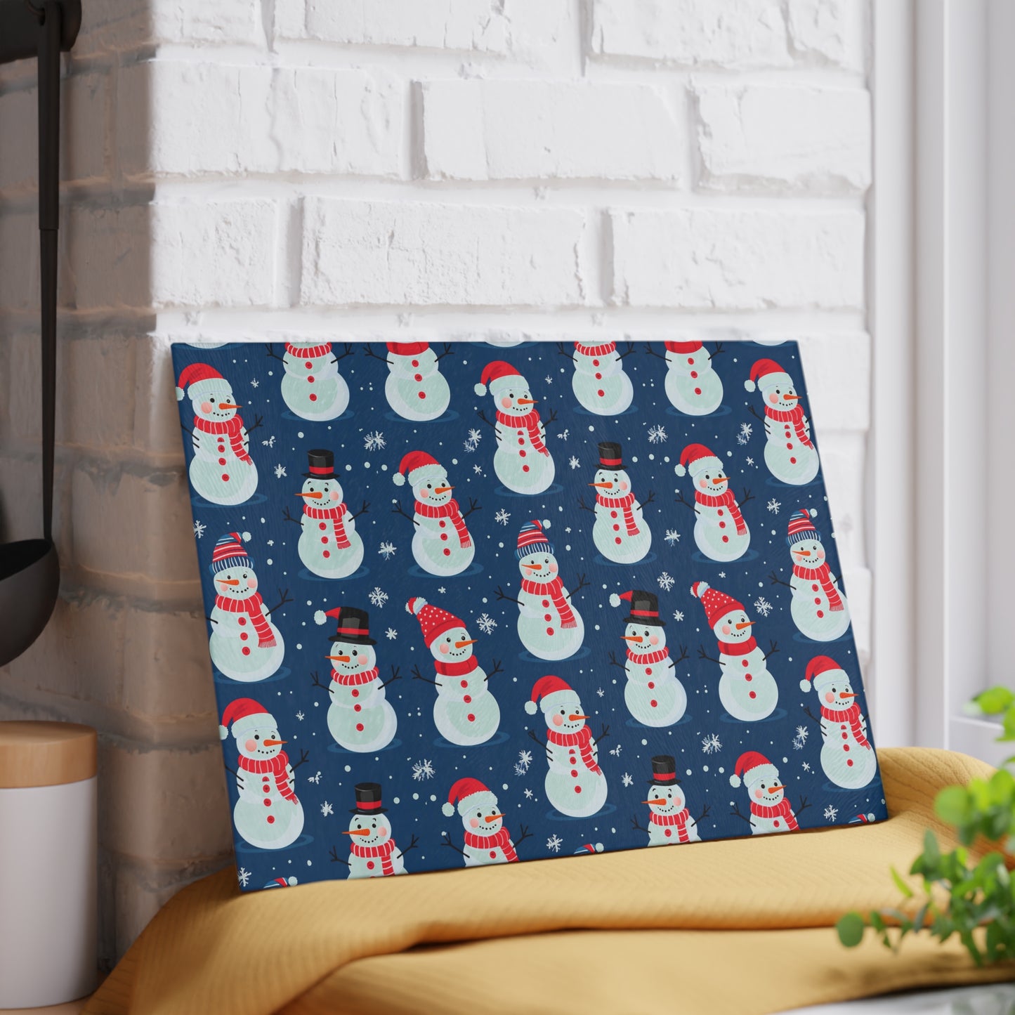 Snowman Pattern Glass Cutting Board — Festive Holiday Kitchen Decor