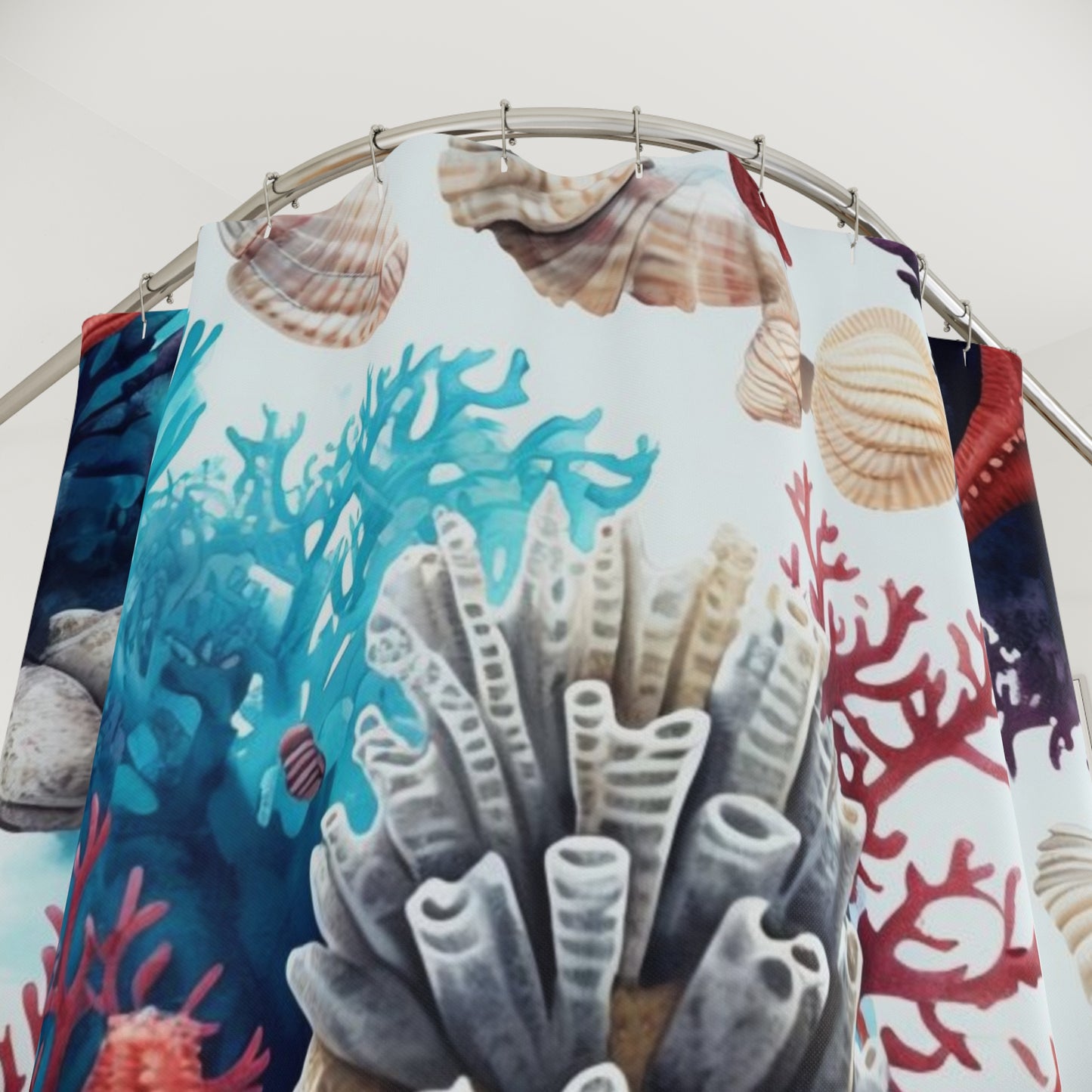 Coastal Seashell & Starfish Shower Curtain — Nautical Coral Bathroom Decor