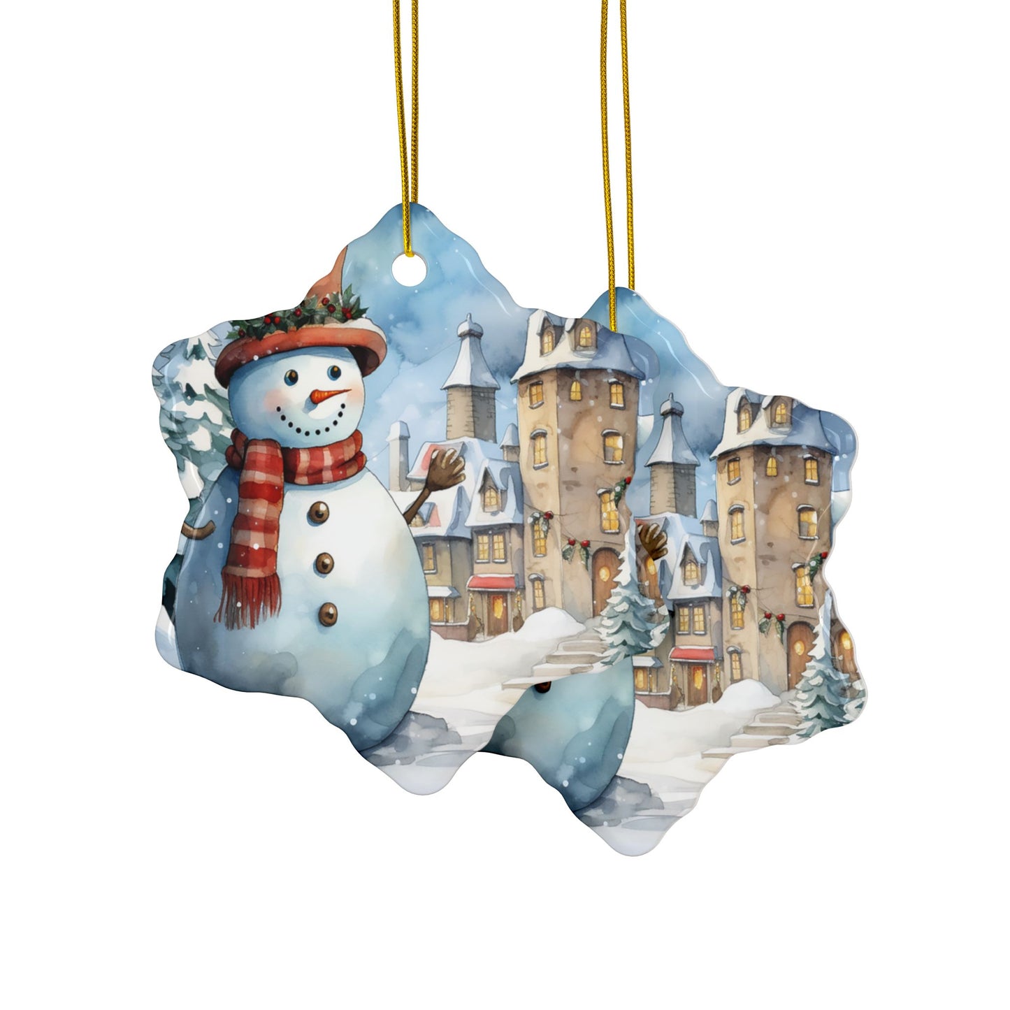 Snowman Village Ceramic Ornament — Double-Sided Christmas Tree Decoration