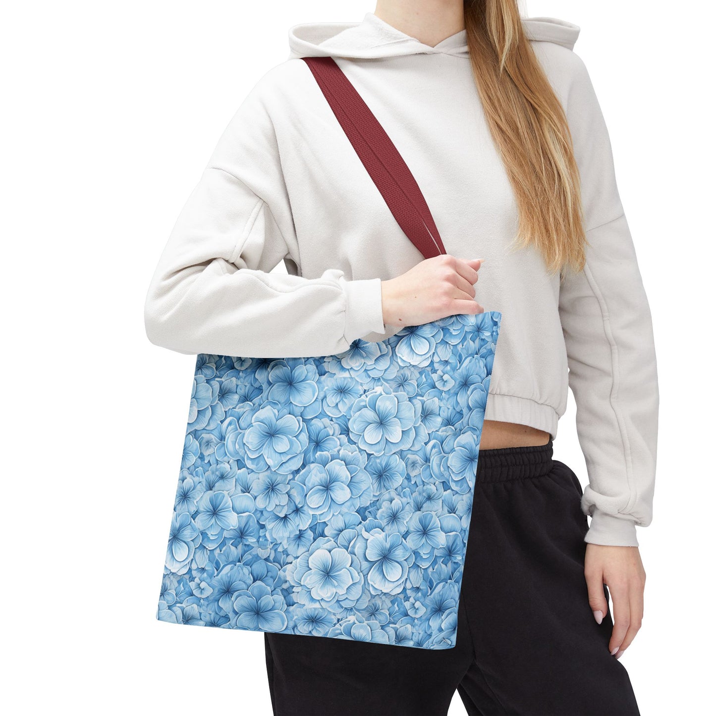 Blue Watercolor Floral Tote Bag — Reusable Flower Pattern Shopper