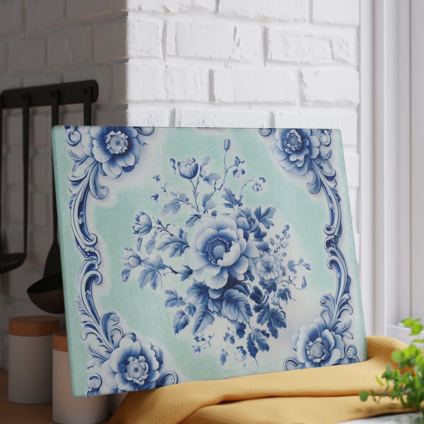 Blue Floral Glass Cutting Board — Vintage Delft-Style Kitchen Serving & Chopping Board