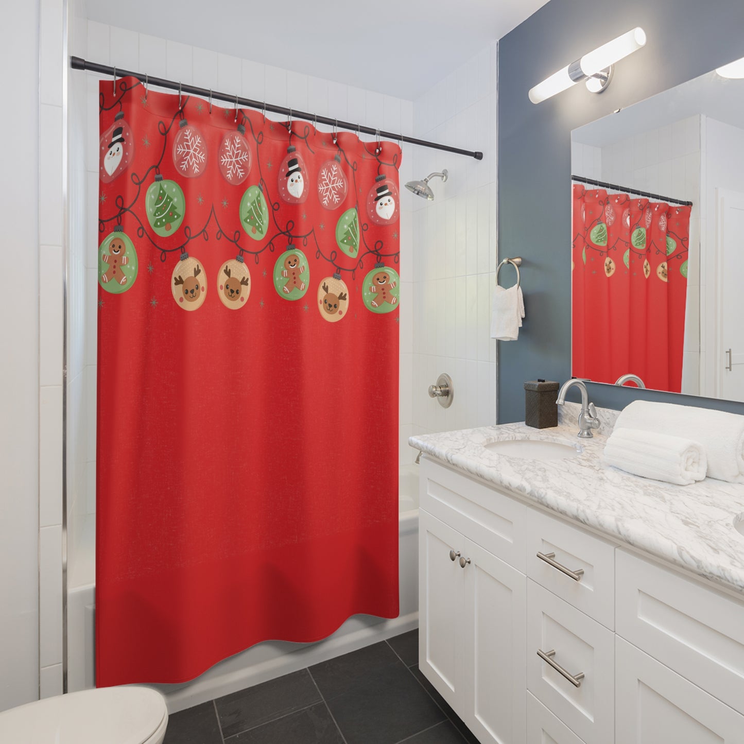 Festive Holiday Shower Curtains, Christmas Decor, Bathroom Accessories, Holiday Gift, Red Shower Curtain with Ornaments