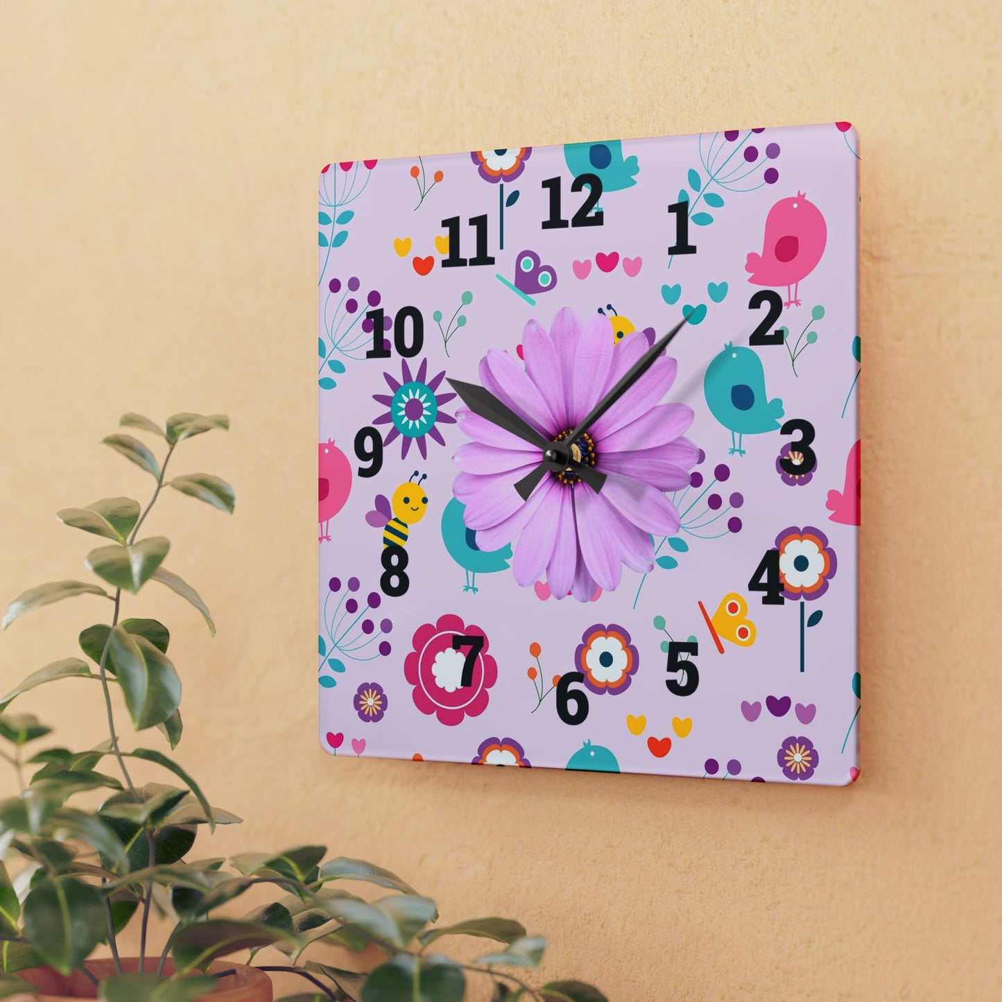 Whimsical Floral Acrylic Wall Clock, Cute Decor, Spring Vibes, Home Office Gift