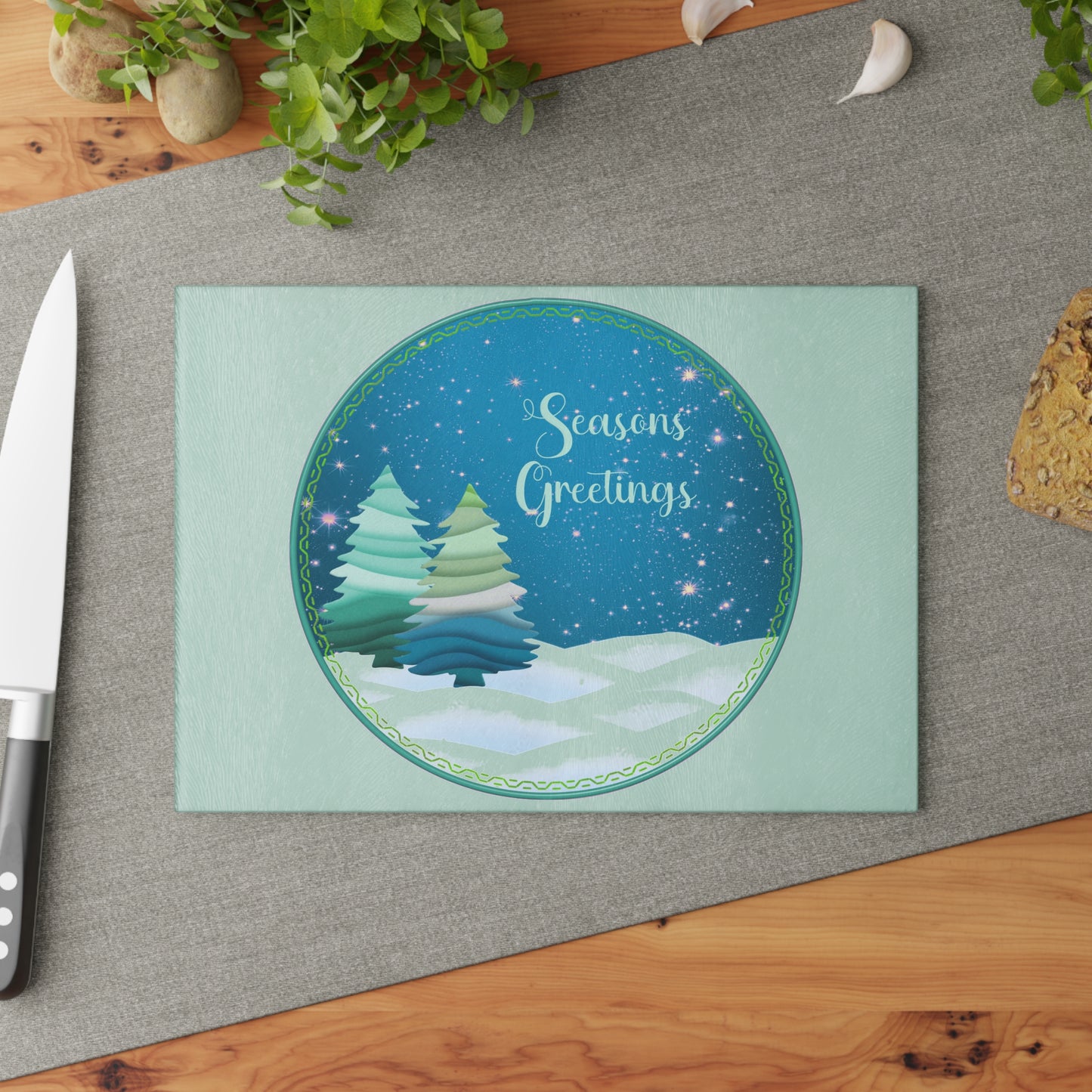 Seasons Greetings Glass Cutting Board – Festive Winter Trees Holiday Kitchen Decor
