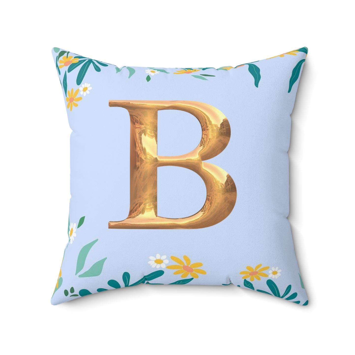 Floral Border Square Pillow — Light Blue Daisy Accent Cushion