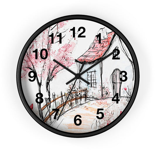 Cottage Garden Wall Clock — Hand-Drawn Pink Blossom Scene