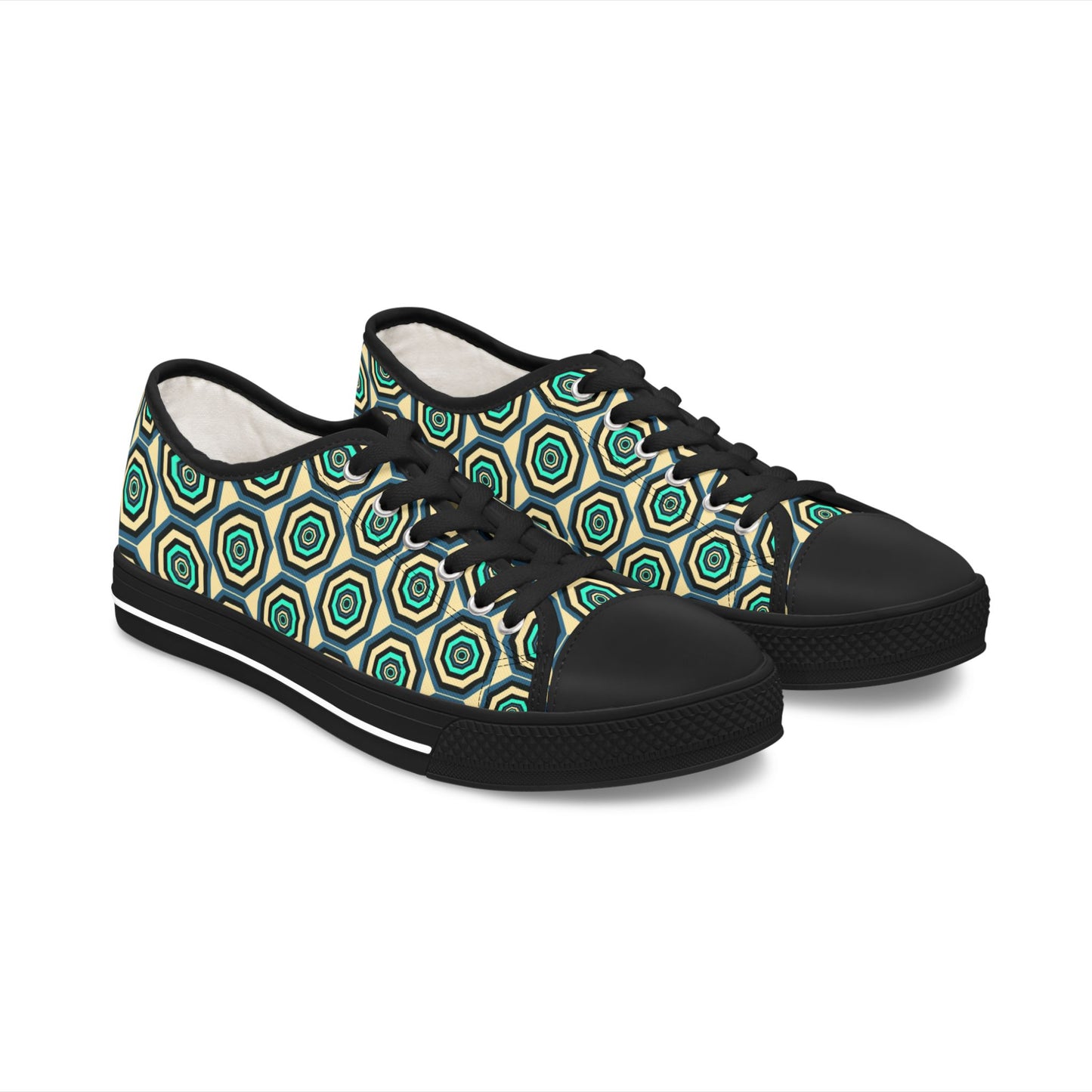 Geometric Retro Hexagon Women's Low Top Sneakers — Green Teal Patterned Canvas Shoes
