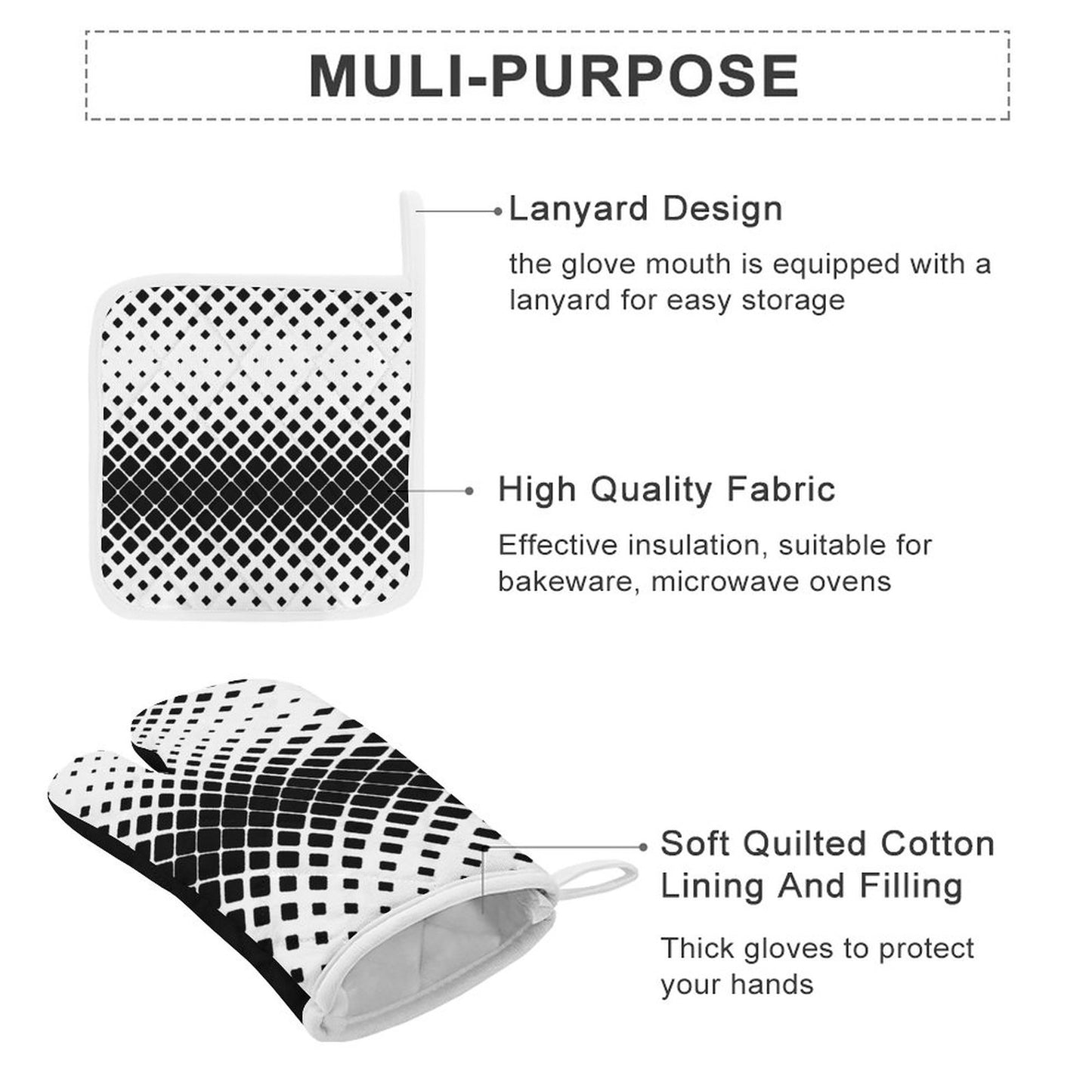 Oven Mitts & Pot Holder Set of 3 Black and White