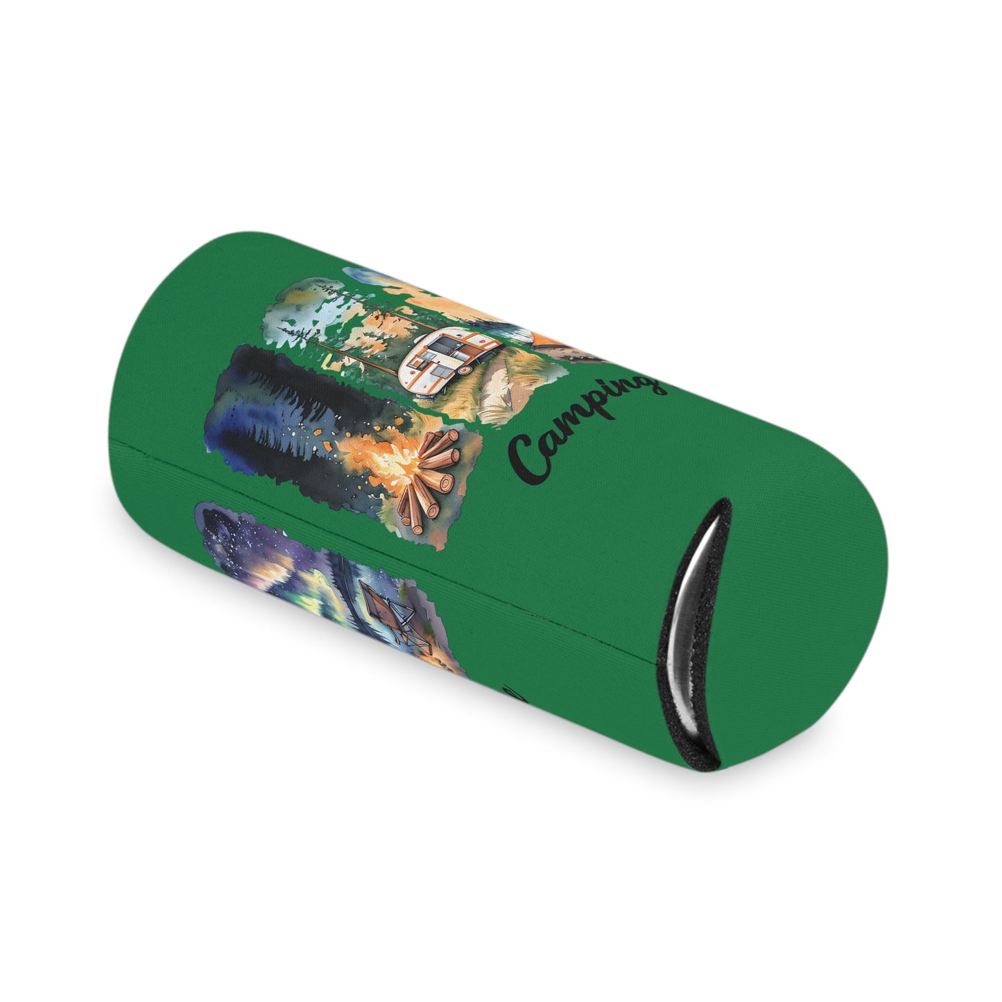 Camping Life Can Cooler – Insulated Beer Cooler with Campsite Watercolor Design