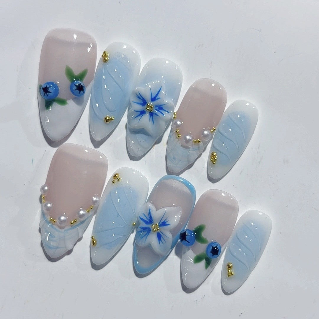 Blueberry Breeze: "Azure Berry Bloom" – Almond Press-On Nails – Image 4