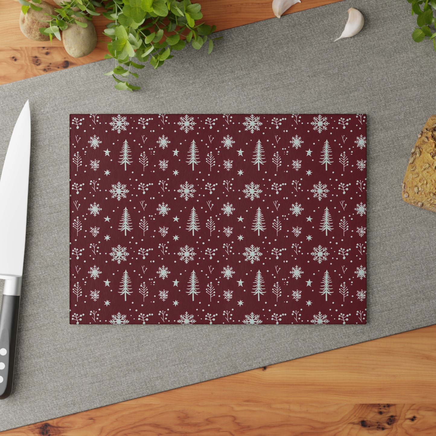 Holiday Snowflake & Pine Glass Cutting Board — Festive Winter Kitchen Decor
