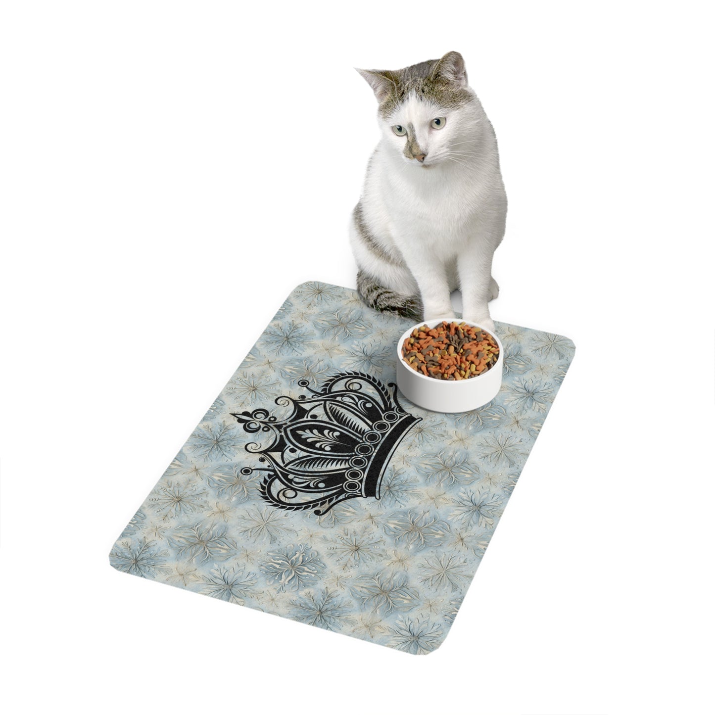 Crown Pattern Pet Food Mat — Royal Blue Decorative Cat & Dog Bowl Placemat (12x18)
