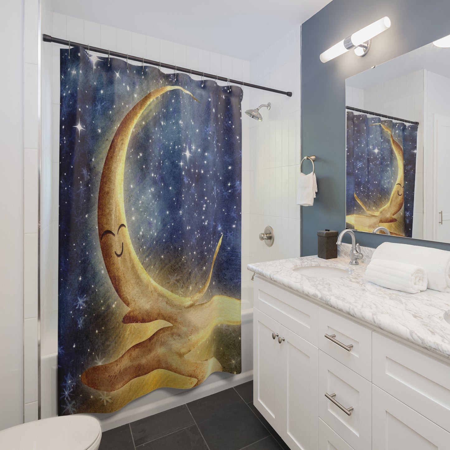 Crescent Moon Starry Night Shower Curtain