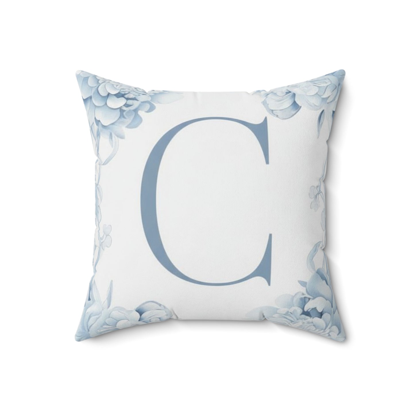 Monogram C Floral Pillow — Blue Initial Square Throw Pillow