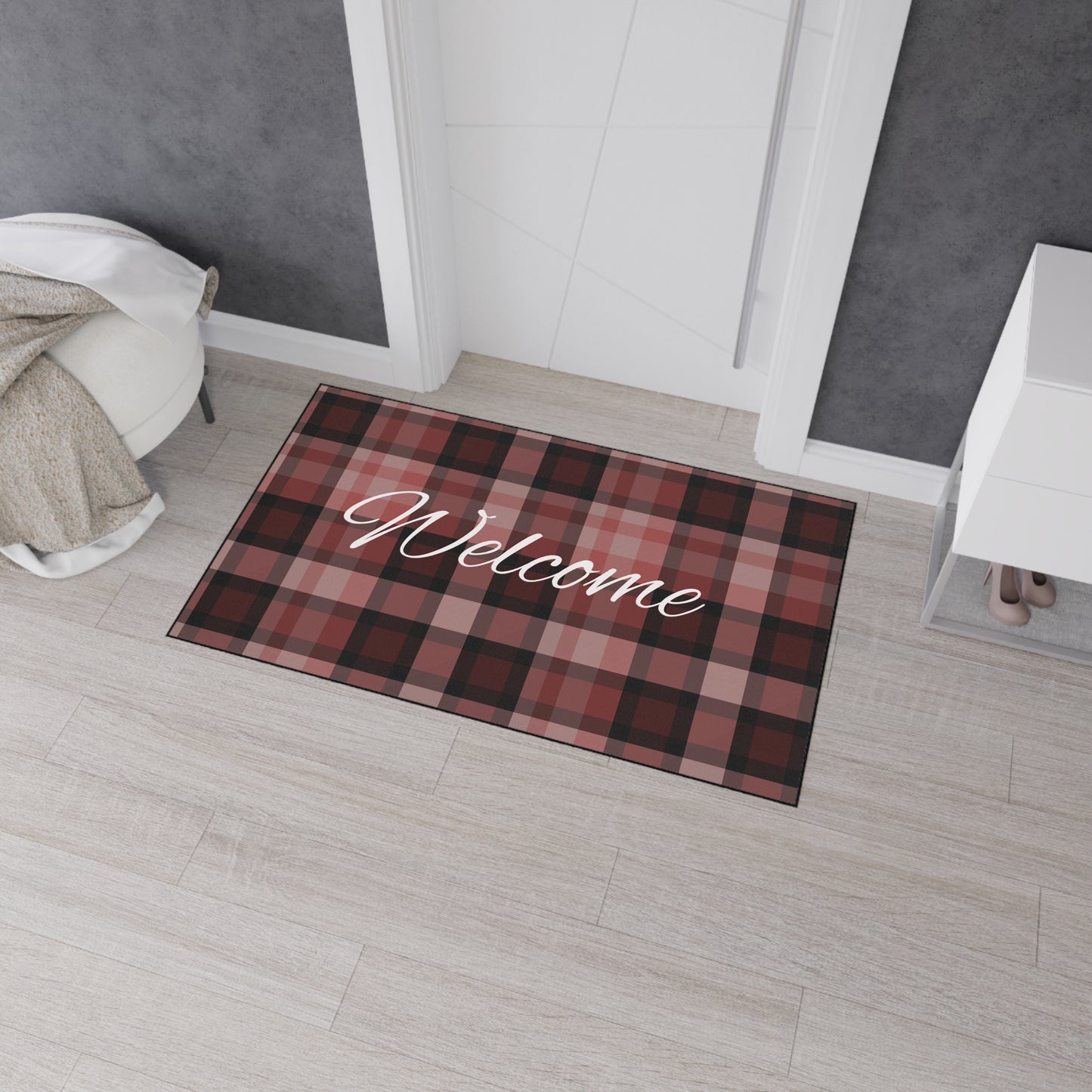 Welcome Plaid Heavy-Duty Floor Mat — Red Buffalo Check Doormat