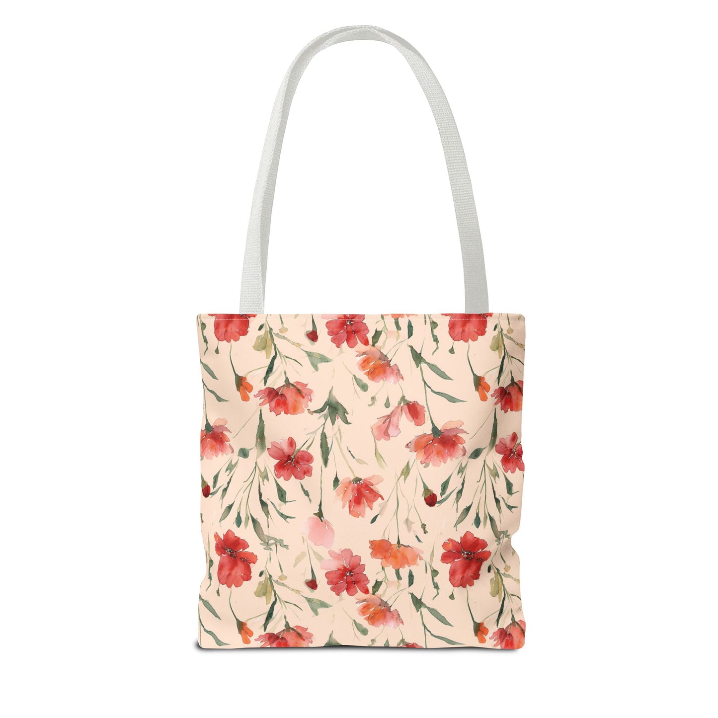 Floral Watercolor Tote Bag — Pink Red Poppy Pattern All-Over Print