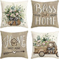 AVOIN colorlife Bless Our Home Farmhouse Eucalyptus Leaves Throw Pillow Covers, 18 x 18 Inch Truck Home Sweet Home Cushion Case Decorations Set of 4