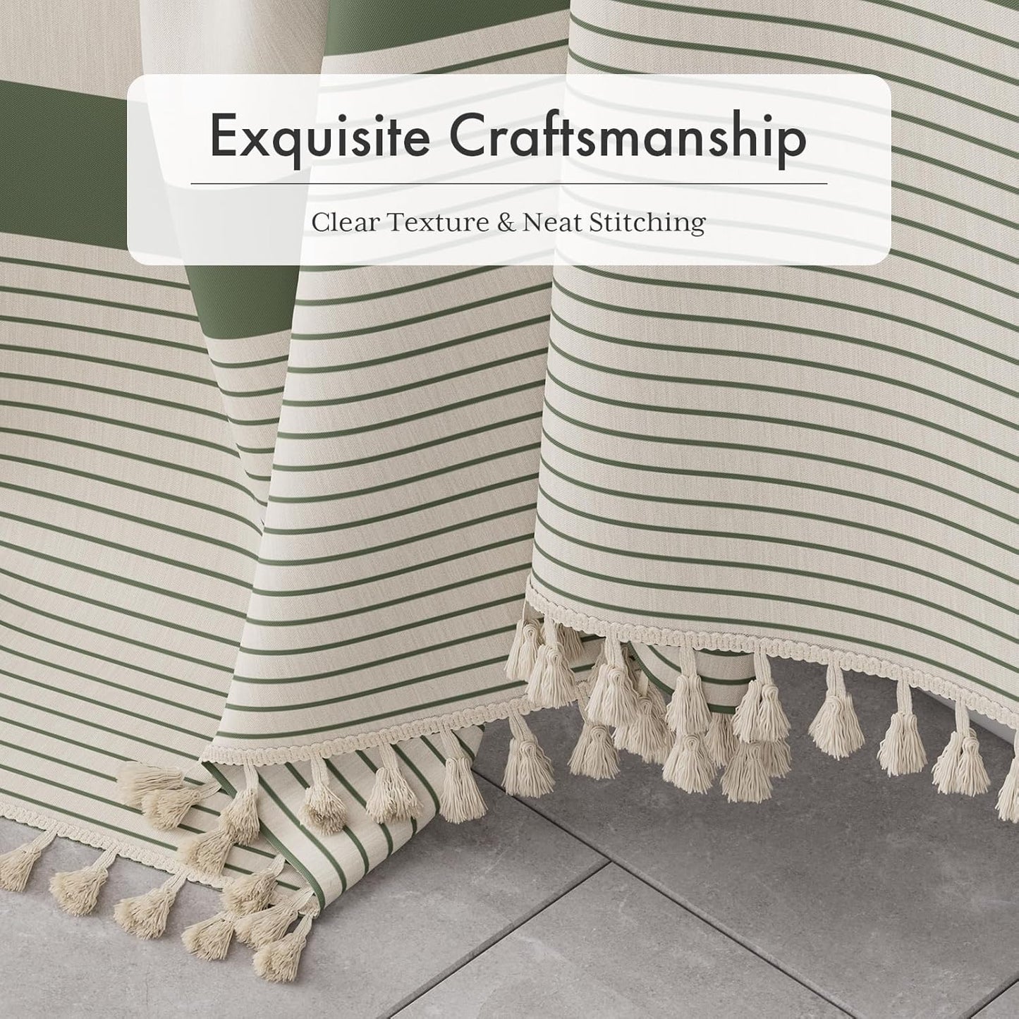 AmazerBath Boho Shower Curtain, Modern Farmhouse Shower Curtain Set with Tassels, Rustic Faux Linen Green Striped Shower Curtain with Hooks, Light Tan Toned