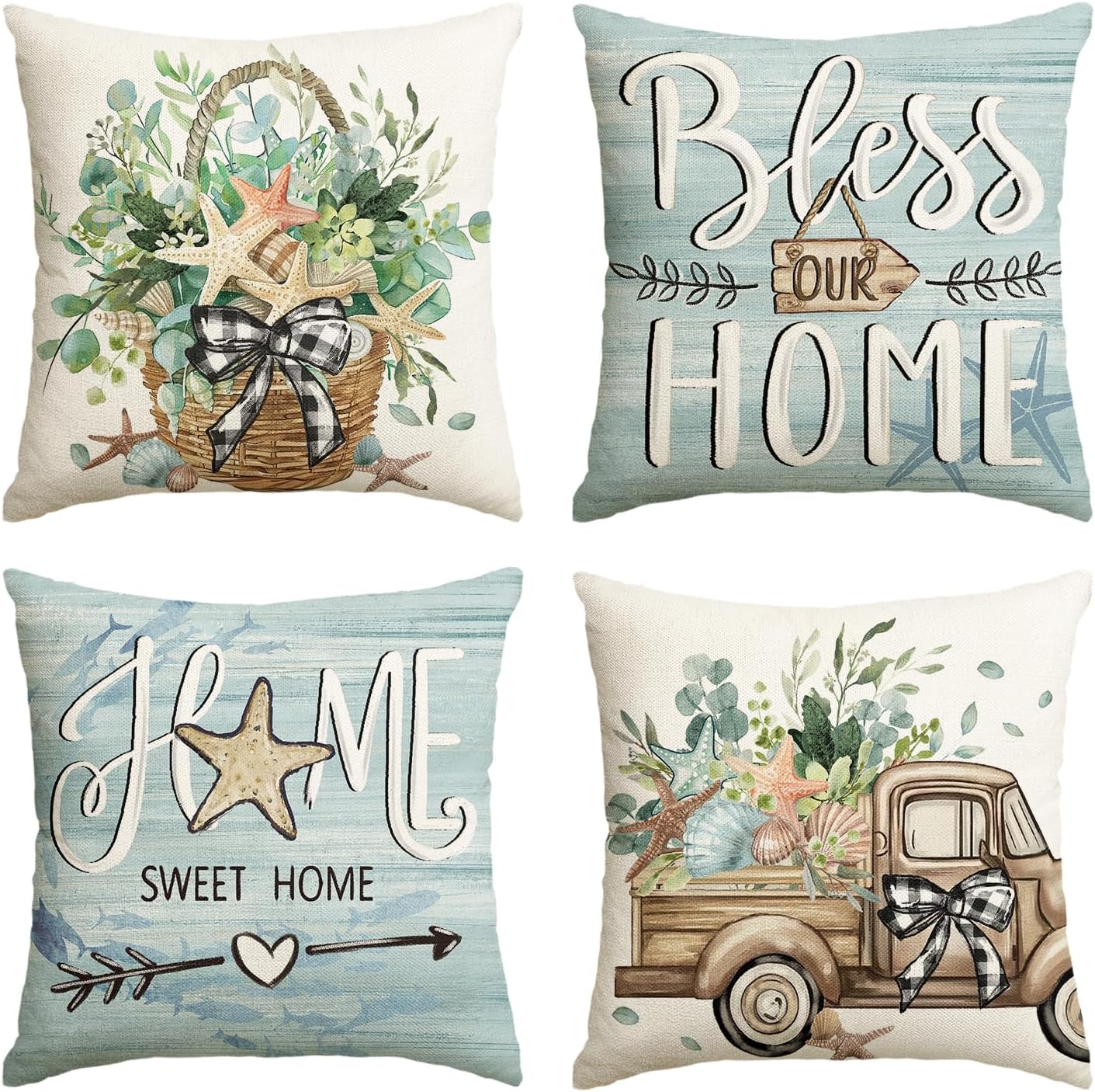AVOIN colorlife Bless Our Home Eucalyptus Leaves Starfish Throw Pillow Covers, 16 x 16 Inch Seasonal Spring Summer Truck Home Sweet Home Cushion Case Decorations Set of 4