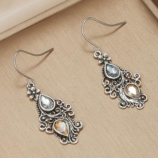 Bohemian Vintage Silver Openwork Teardrop Dangle Earrings - Women's Crystal