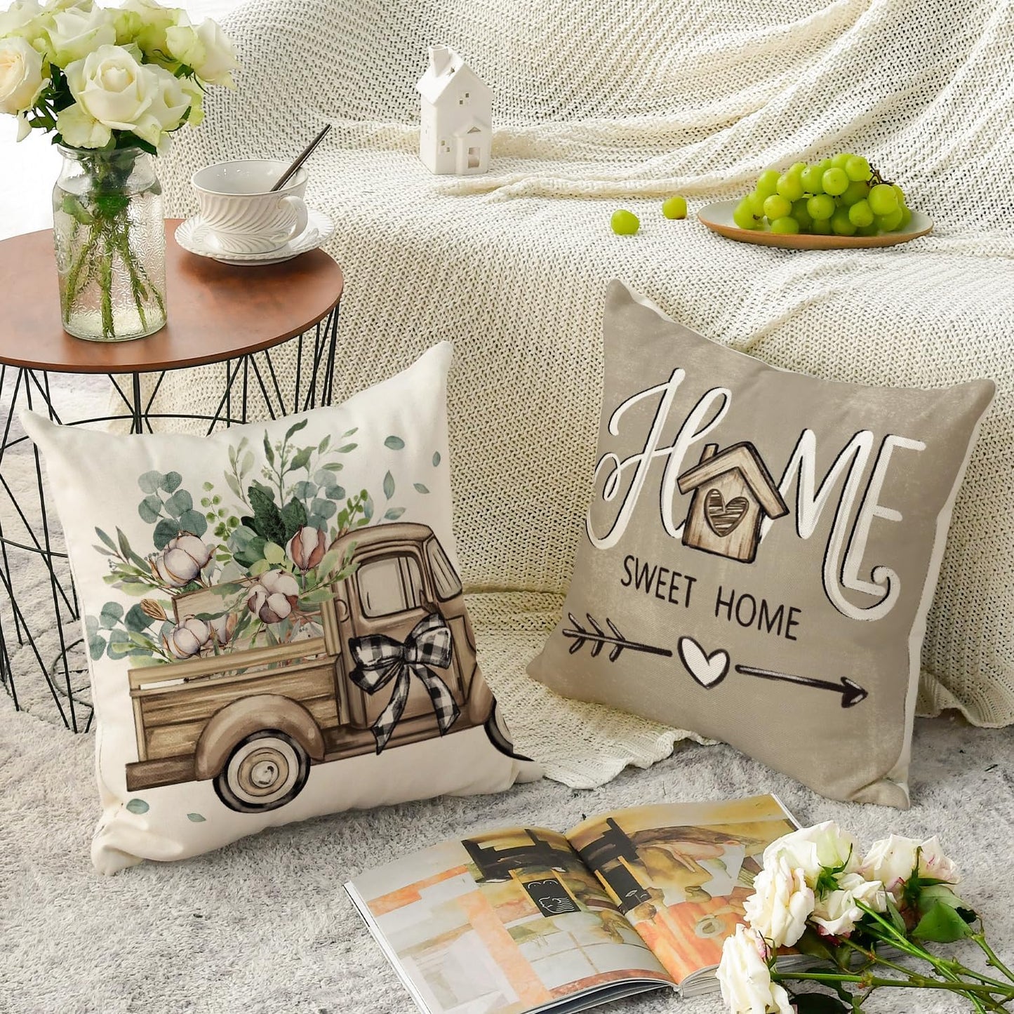 AVOIN colorlife Bless Our Home Farmhouse Eucalyptus Leaves Throw Pillow Covers, 18 x 18 Inch Truck Home Sweet Cushion Case Decorations Set of 4