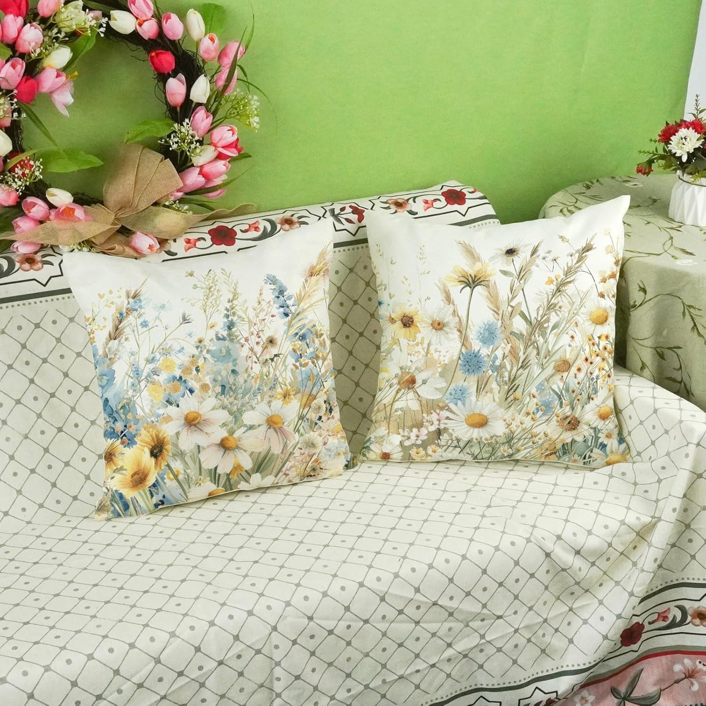 ONWAY Spring Pillow Covers 16x16 Inch Set of 2 Daisy Floral Decorative Throw Pillowcases Farmhouse Summer Outdoor Patio Cushion Cases for Sofa Couch Home Decor