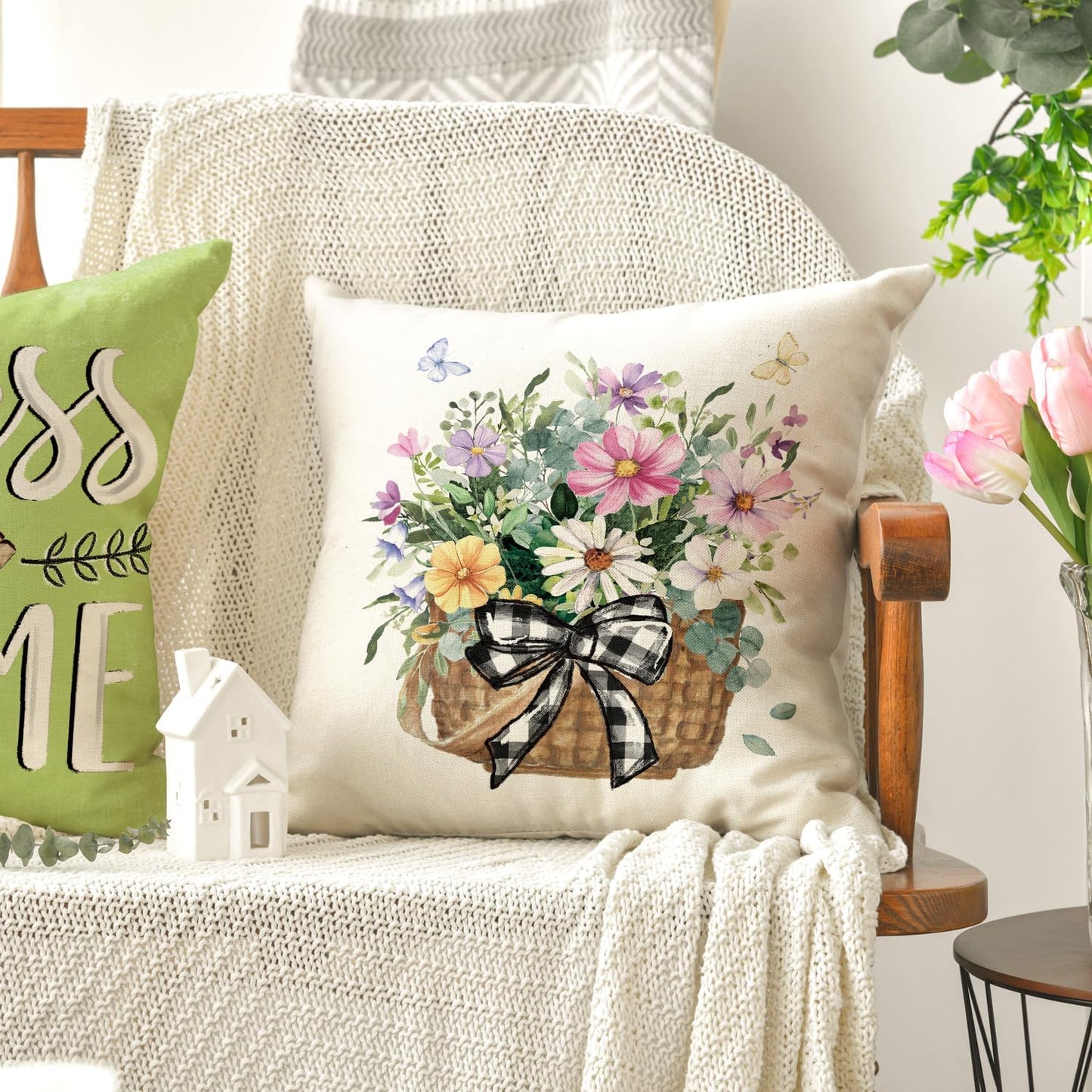 The Bless Our Home Farmhouse Eucalyptus Leaves Throw Pillow Covers in Emerald Green