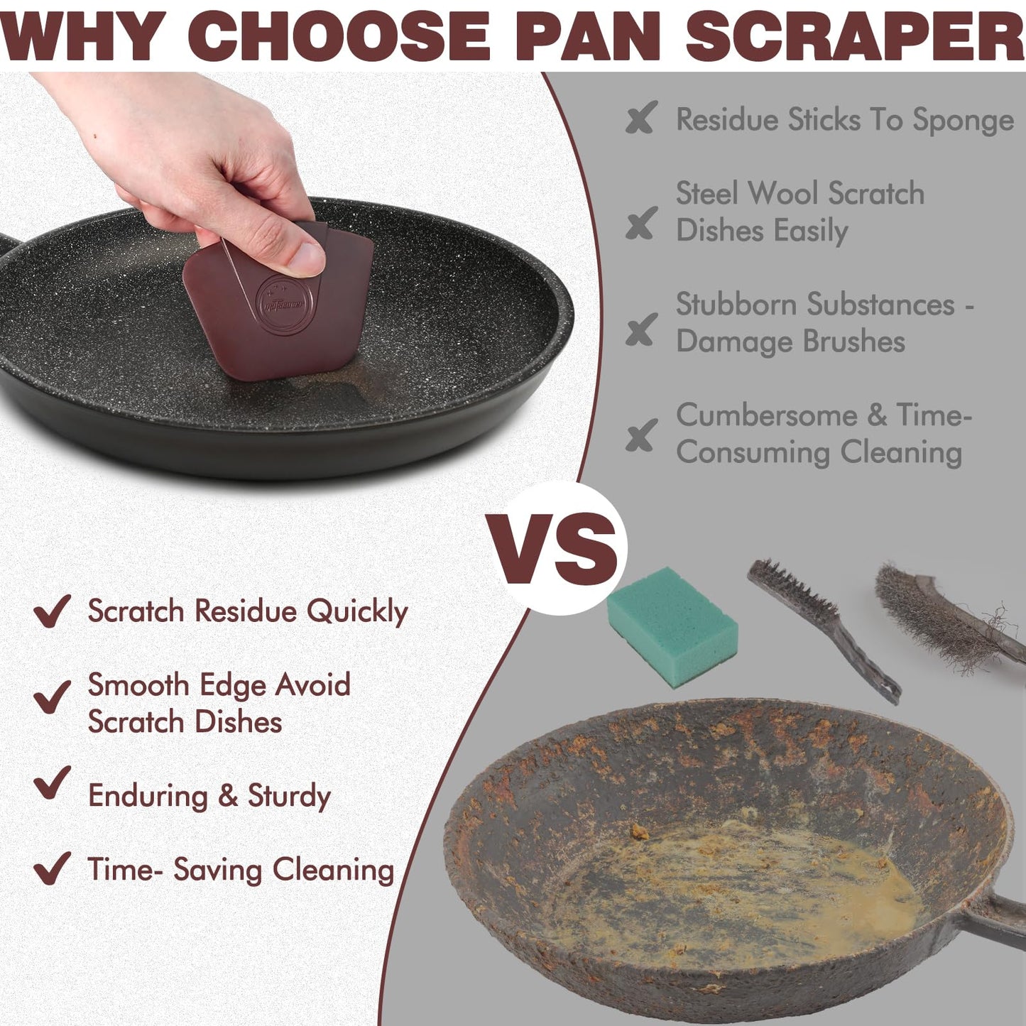 Pan Scraper Dish Scraper Tool - Pot Scraper Plastic for Cast Iron Skillet Cookware Cleaning, 3 Pcs Non Scratch Plastic Food Scraper Tool Kitchen, Heat Resistant Kitchen Scraper, Brown