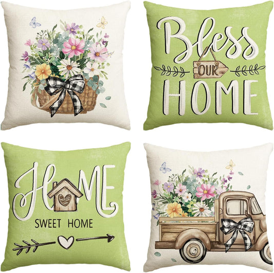 The Bless Our Home Farmhouse Eucalyptus Leaves Throw Pillow Covers in Emerald Green
