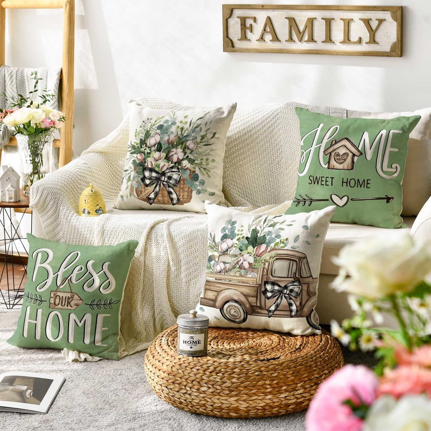 AVOIN colorlife Bless Our Home Farmhouse Eucalyptus Leaves Throw Pillow Covers, 18 x 18 Inch Truck Home Sweet Cushion Case Decorations Set of 4- Green