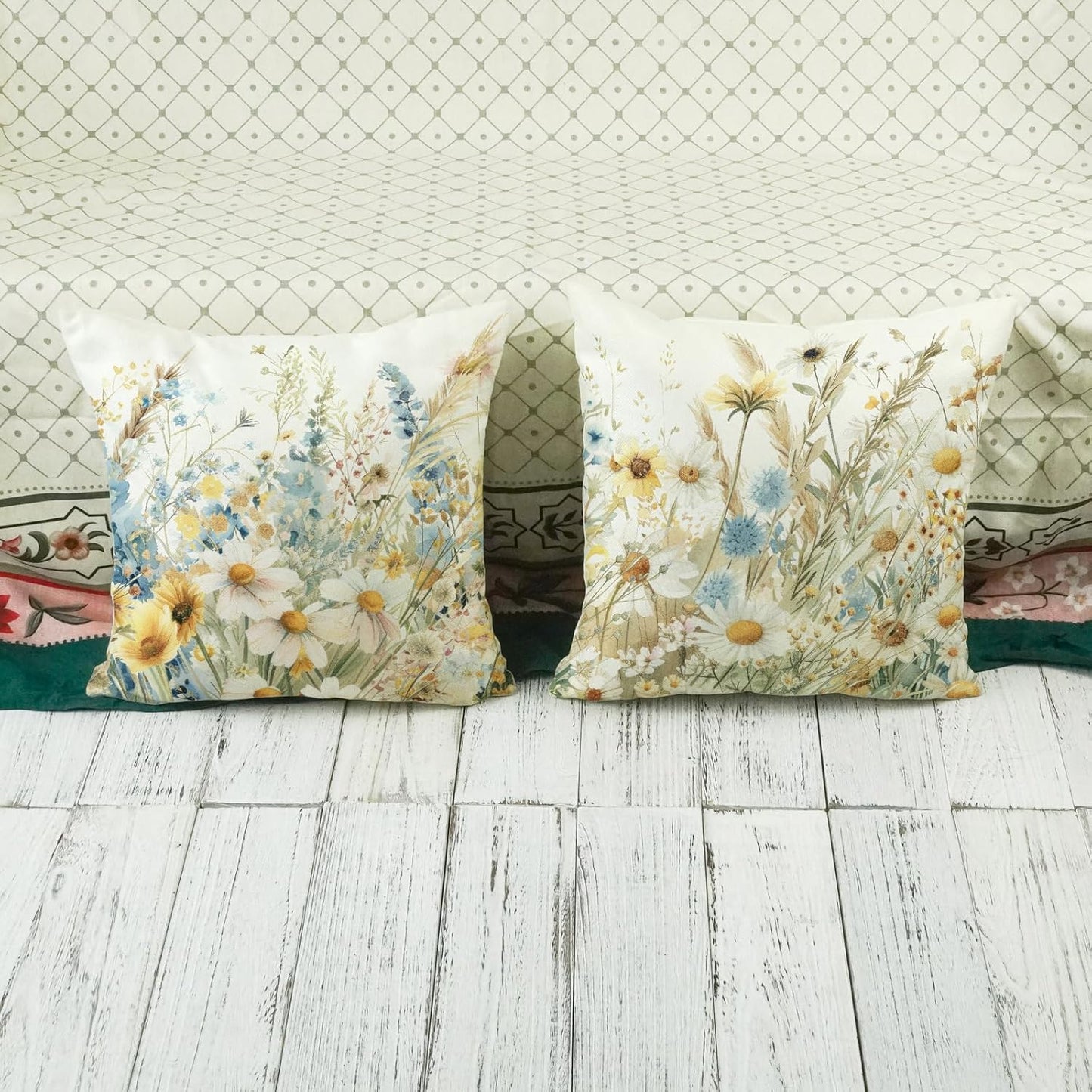 ONWAY Spring Pillow Covers 16x16 Inch Set of 2 Daisy Floral Decorative Throw Pillowcases Farmhouse Summer Outdoor Patio Cushion Cases for Sofa Couch Home Decor