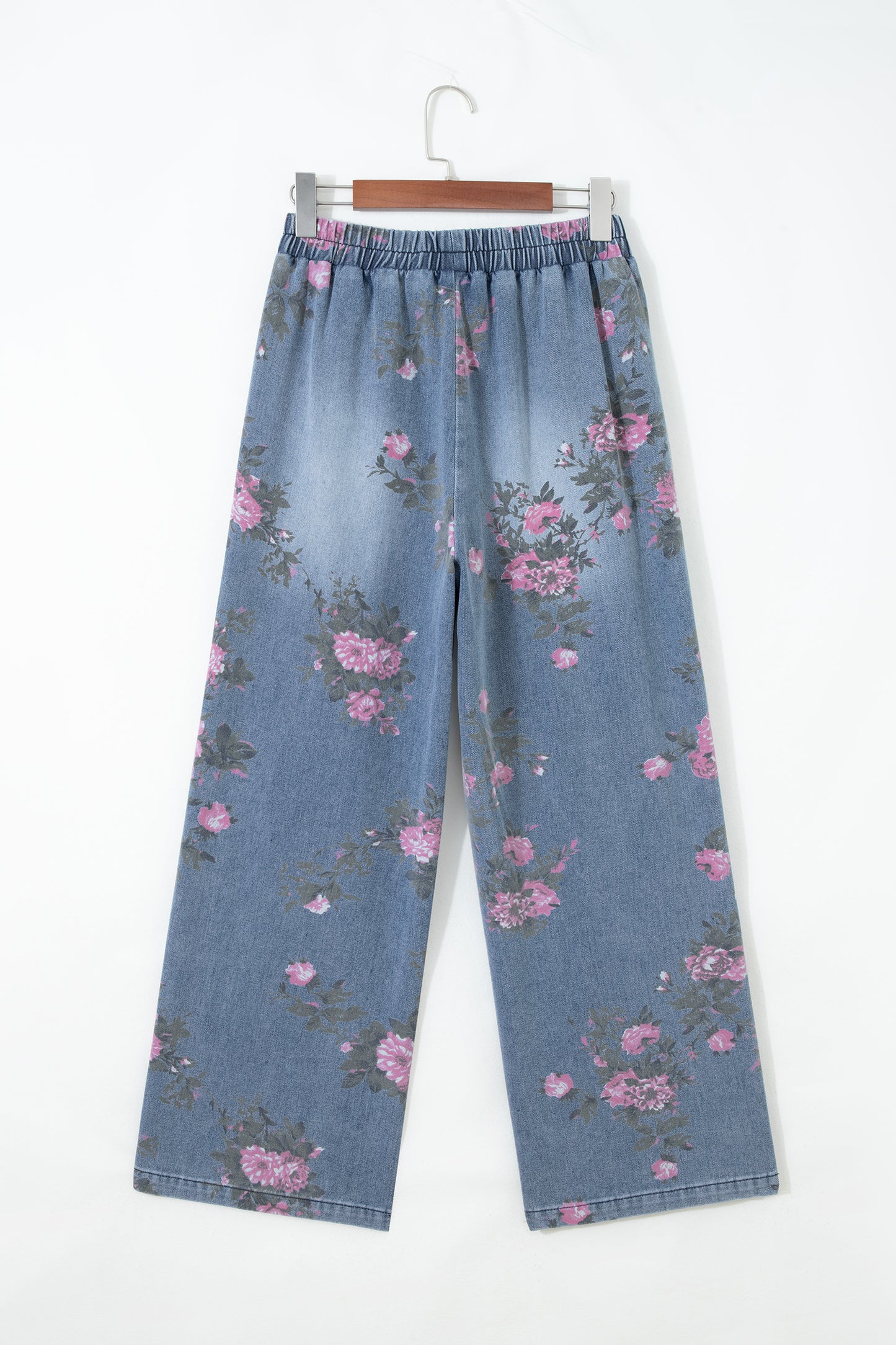 Beau Blue Floral Print Elastic Waist Pull On Casual Jeans