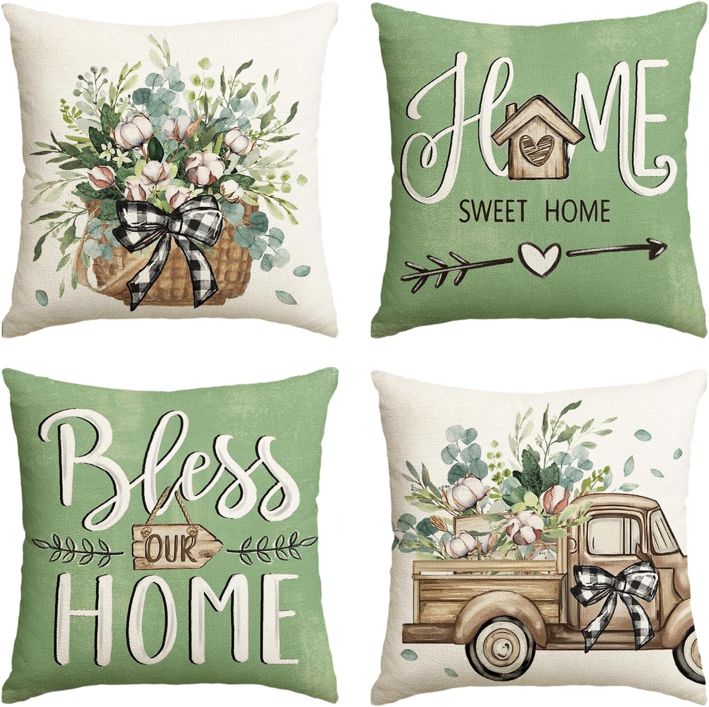AVOIN colorlife Bless Our Home Farmhouse Eucalyptus Leaves Throw Pillow Covers, 18 x 18 Inch Truck Home Sweet Cushion Case Decorations Set of 4- Green