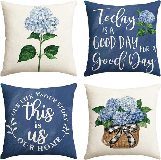 AVOIN colorlife Blue Hydrangea Spring Summer Throw Pillow Covers, 20 x 20 Inch Today is A Good Day Dark Blue Cushion Case Decoration for Sofa Couch Set of 4 - Blue