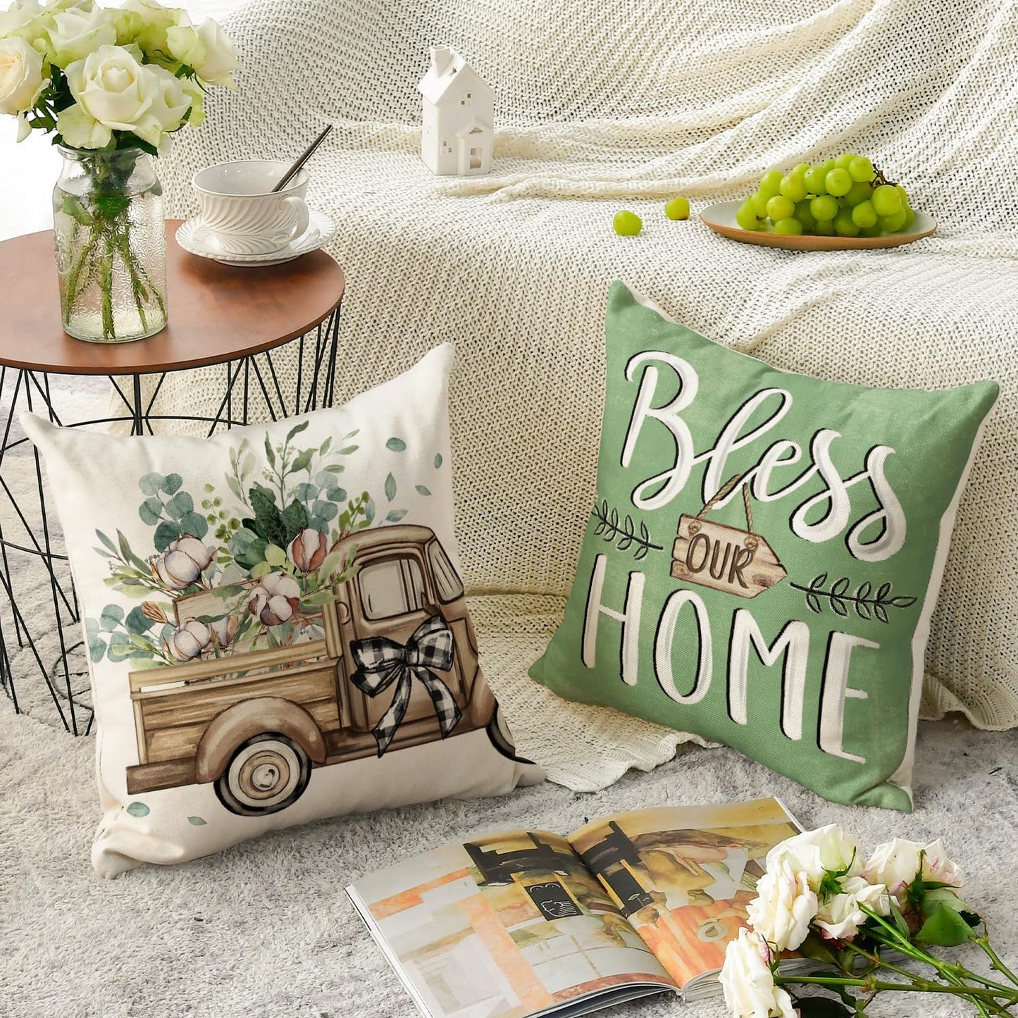 AVOIN colorlife Bless Our Home Farmhouse Eucalyptus Leaves Throw Pillow Covers, 18 x 18 Inch Truck Home Sweet Cushion Case Decorations Set of 4- Green
