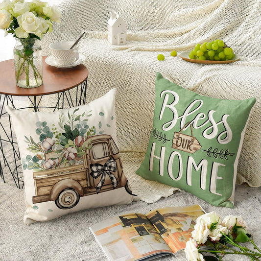 AVOIN colorlife Bless Our Home Farmhouse Eucalyptus Leaves Throw Pillow Covers, 18 x 18 Inch Truck Home Sweet Cushion Case Decorations Set of 4- Green