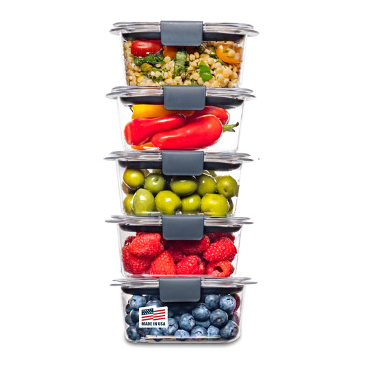 Rubbermaid Brilliance BPA-Free Food Storage Containers Multi Pack, 1.3 Cup Plastic Containers with Lids, 5 Pack, Leak Proof, Microwave & Dishwasher Safe