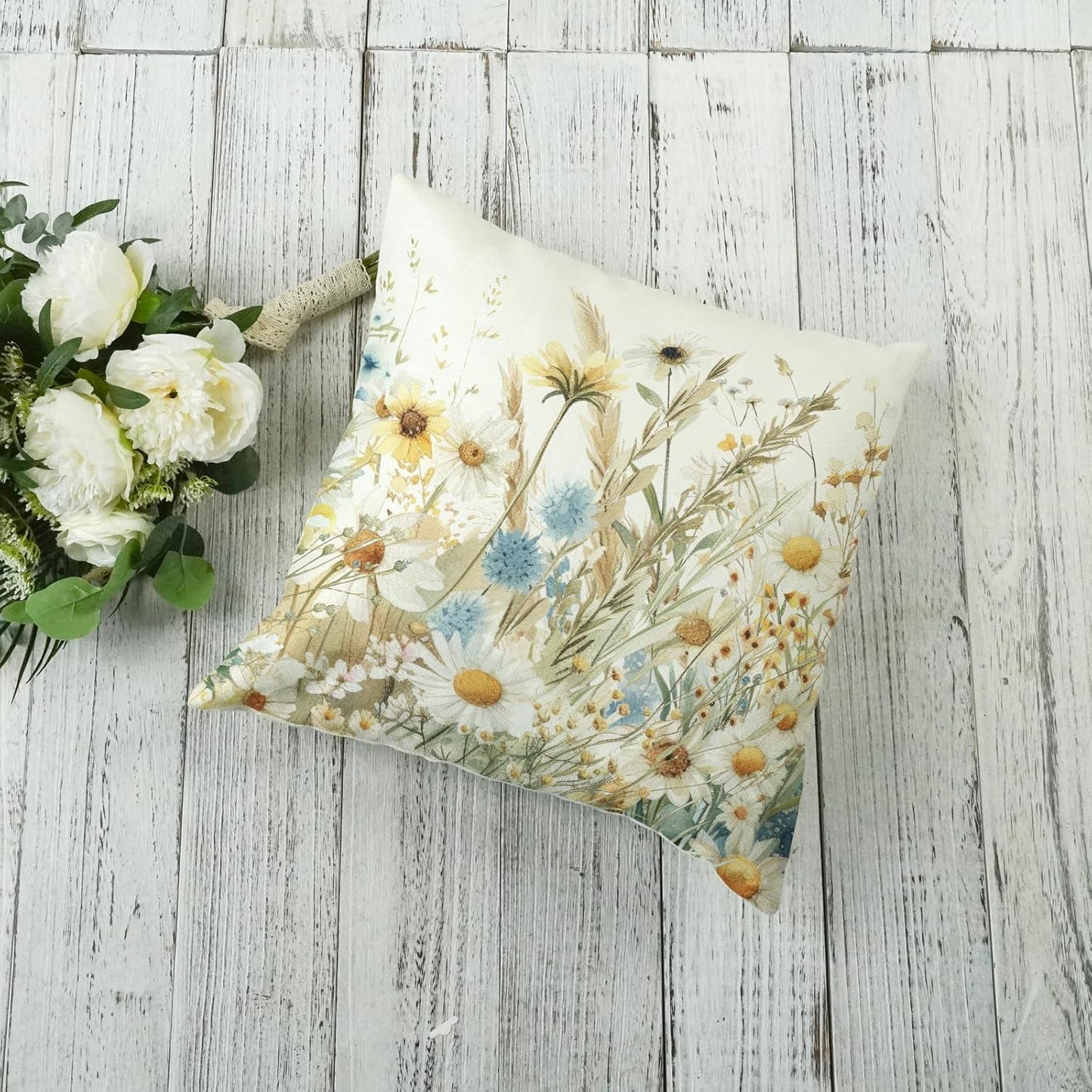 ONWAY Spring Pillow Covers 16x16 Inch Set of 2 Daisy Floral Decorative Throw Pillowcases Farmhouse Summer Outdoor Patio Cushion Cases for Sofa Couch Home Decor