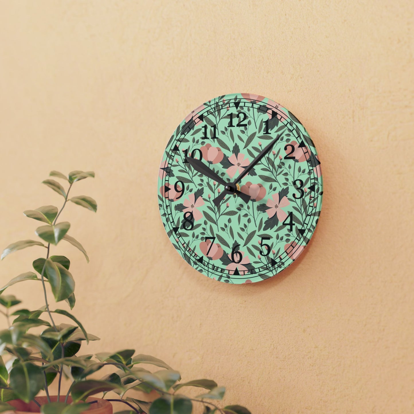Floral Acrylic Wall Clock – Mid-Century Modern Decor, Home Accent