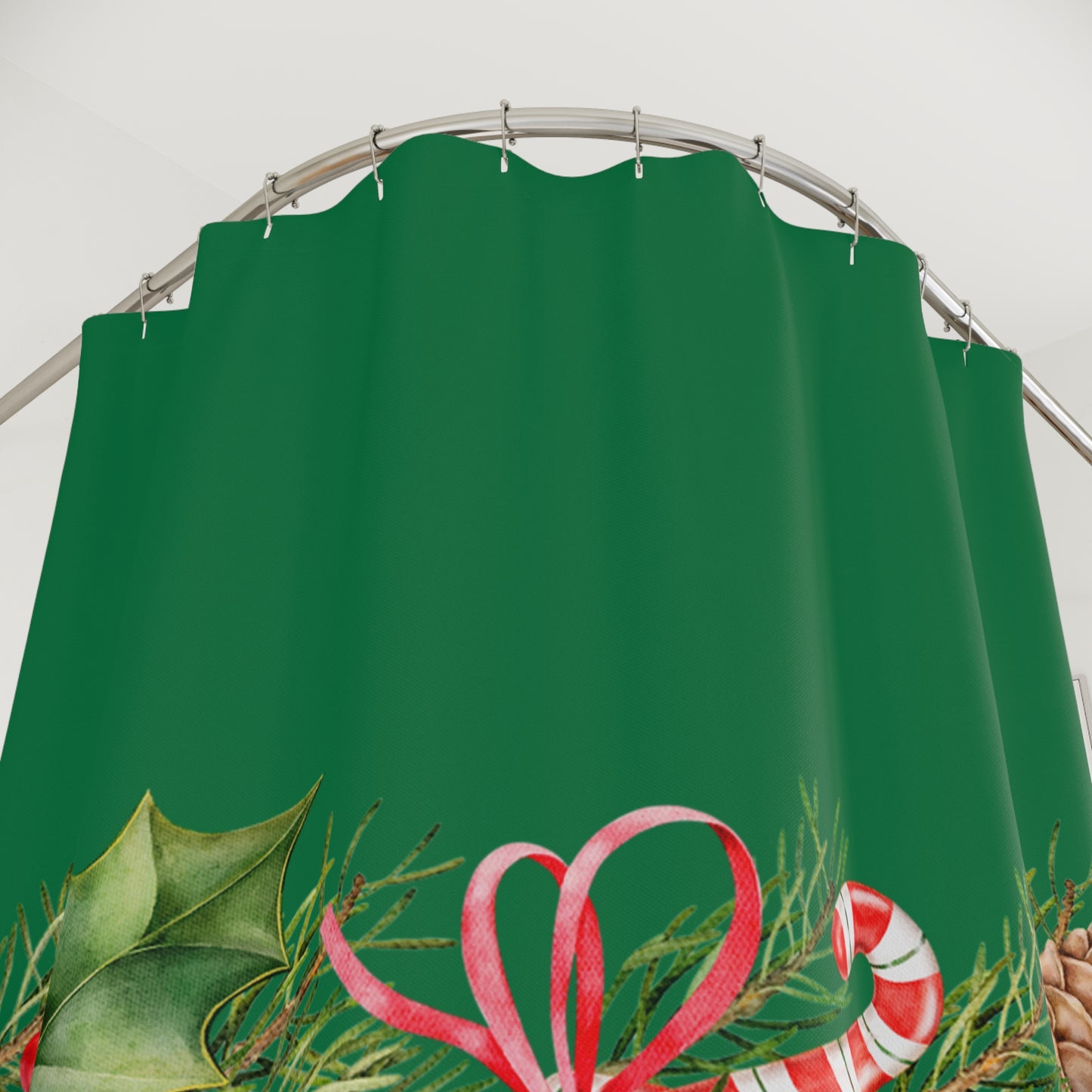 Christmas Green Shower Curtain — Holiday Pine, Candy Cane & Holly Garland Bathroom Decor