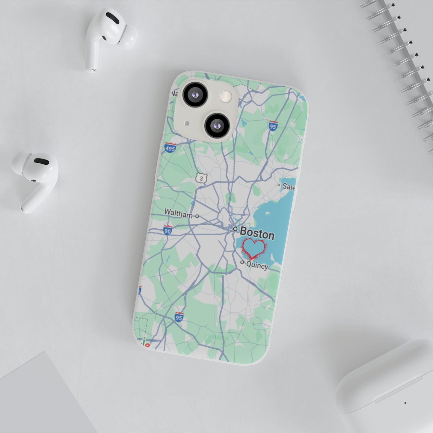 Boston Map Flexi Case for iPhone, Custom Location Phone Case, Unique Gift, Boston Heart Design, Travel Lover Accessory