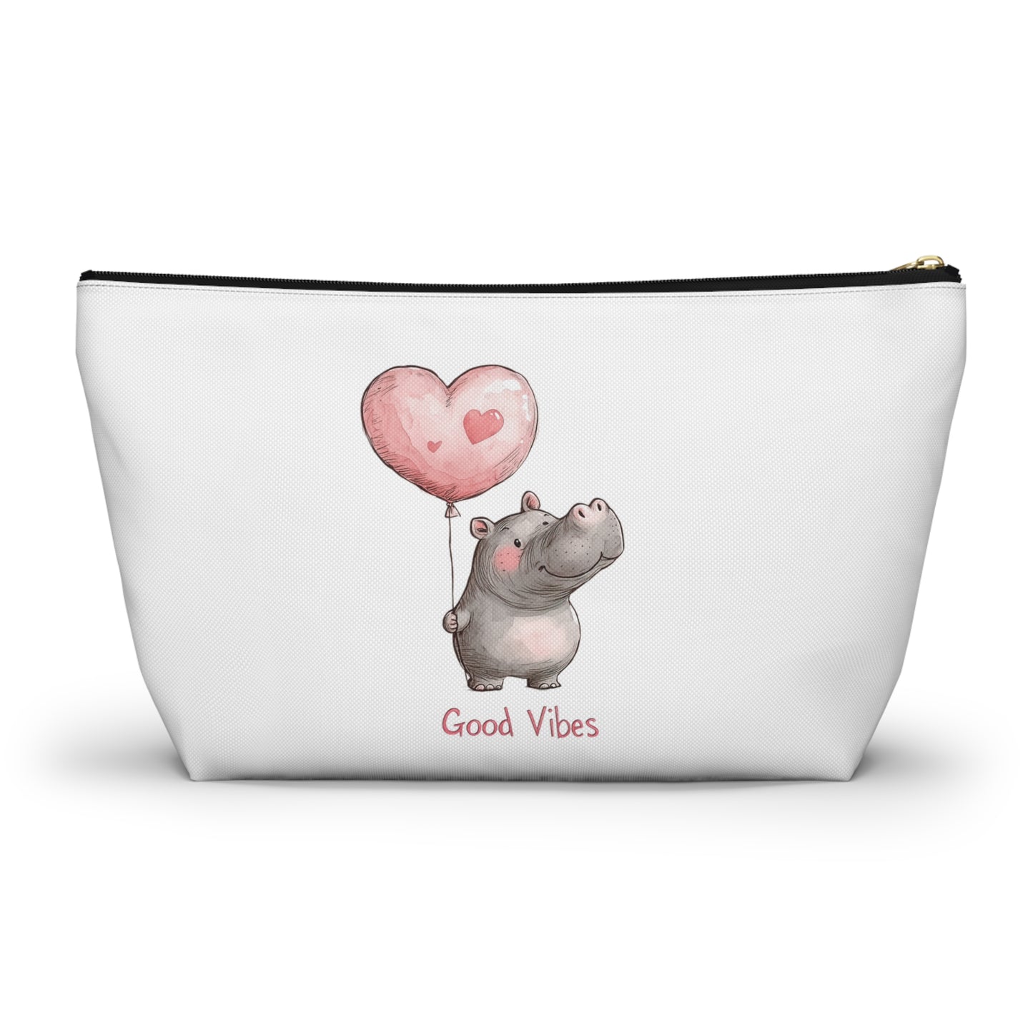 Good Vibes Hippo Accessory Pouch, Cute Makeup Bag, Gift for Animal Lovers, Fun Travel Organizer, Heart Balloon Design