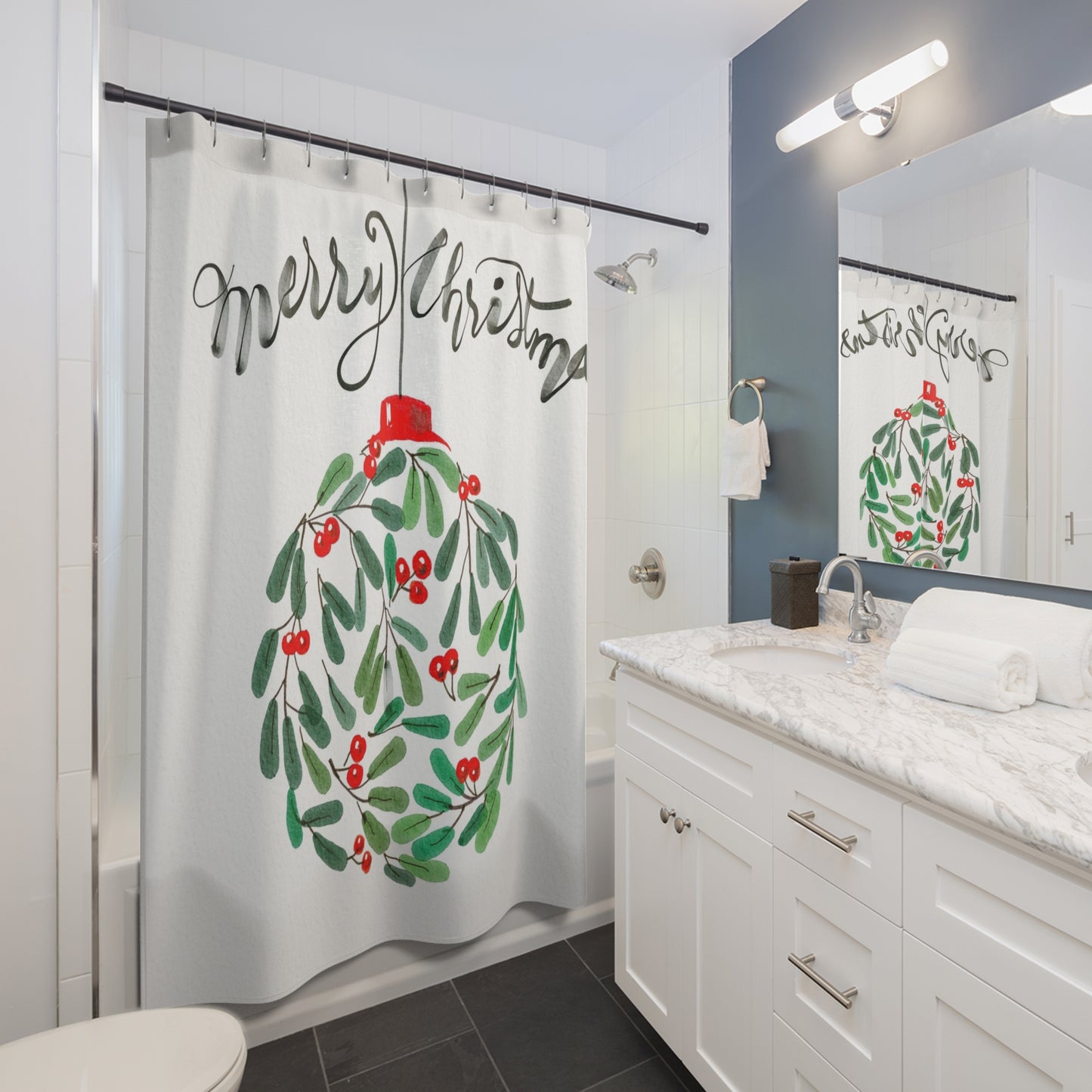 Merry Christmas Shower Curtain, Holiday Bathroom Decor, Festive Gift, Seasonal Decoration, Wreath Design